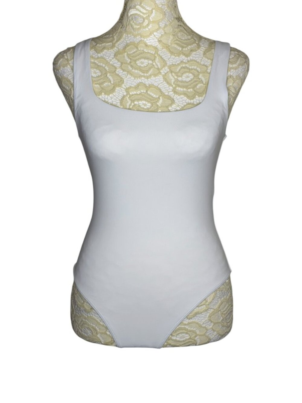 Babaton Nylon Stretch Bodysuit Tank Top Shirt Square Neck Thong White S